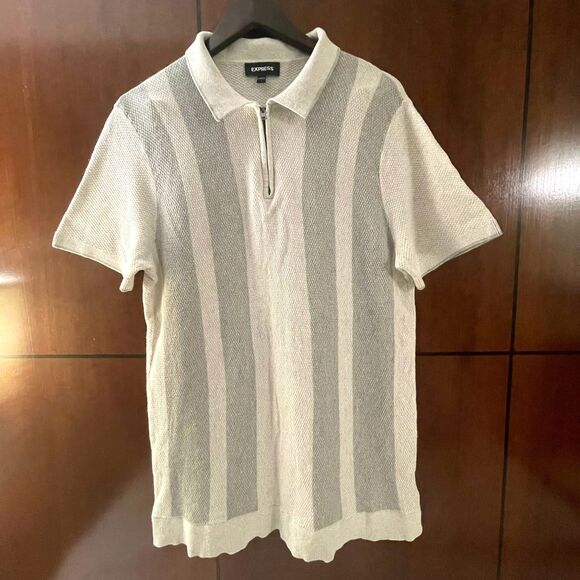 Express Men's Stripe Knit Gray Zip Stretch Short Sleeves Polo Tee Sweater Size L - Picture 2 of 9